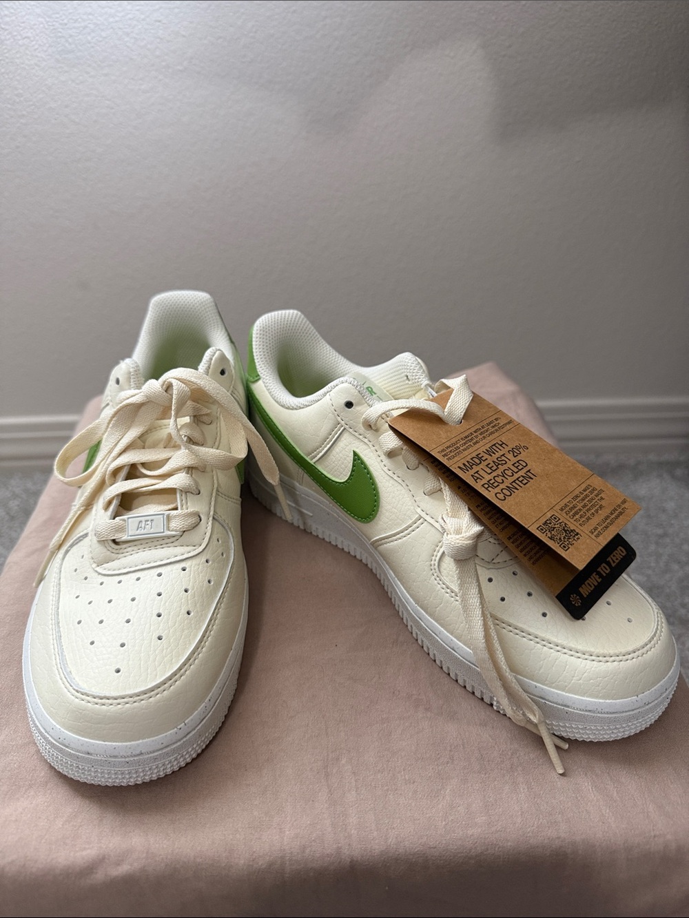 Nike Women's Cream and Green Air Force 1 Sneakers